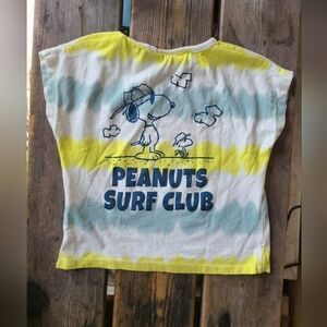 ZARA PEANUTS SZ 2-3Y GUC (vague stain) YELLOW BLUE TIE DYE SNOOPY SURF T-Shirt